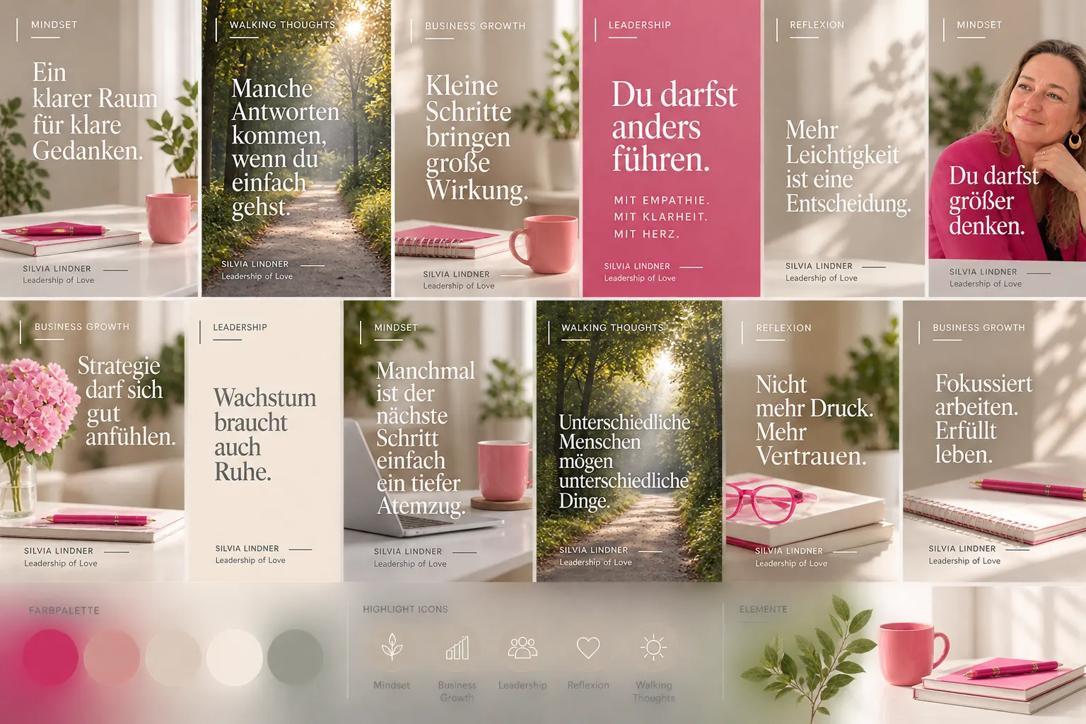 Pastell-Moodboard mit Zitat-Kacheln, Farbpalette und Symbolen