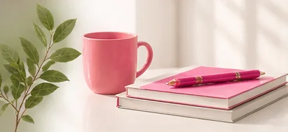 Rosa Tasse, Notizbuch mit Stift und grüner Zweig im Morgenlicht